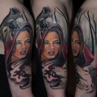 New school illustrative style shoulder tattoo of Red Riding Hood and wolves