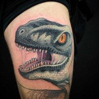 New school illustrative style thigh tattoo of evil dinosaur