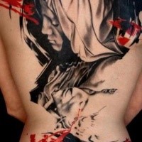 New school modern style colored whole back tattoo of saint woman with lettering