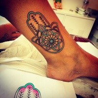 New school style ankle tattoo of Egypt symbol with flower