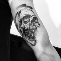 New school style biceps tattoo of human skull combined with geometrical figure