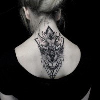 New school style big large mystical cat tattoo with geometrical figures