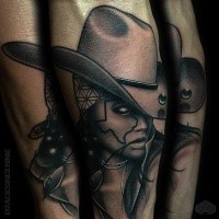 New school style black and white forearm tattoo of demonic cowgirl