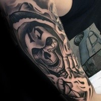 New school style black and white forearm tattoo of grim reaper with 13 number
