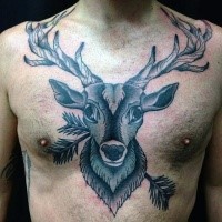 New school style black ink chest tattoo of big deer with arrows