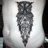 New school style black ink demonic owl tattoo on side stylized with geometrical figures