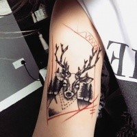 New school style black ink shoulder tattoo of deer in dark forest