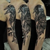 New school style black ink shoulder tattoo of large crow