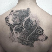 New school style black ink upper back tattoo of cute wolf and bear