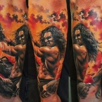 New school style colored arm tattoo of evil Tarzan