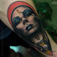 New school style colored arm tattoo of mystical woman portrait