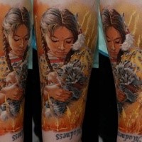 New school style colored arm tattoo of Indian girl with little kitten