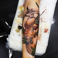 New school style colored arm tattoo of deer