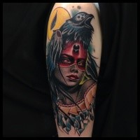 New school style colored arm tattoo of woman with mystic crow