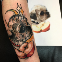 New school style colored arm tattoo of cute dog with apple and moon