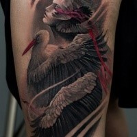 New school style colored arm tattoo of woman with bird