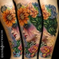 New school style colored arm tattoo of woman with flowers and little animals