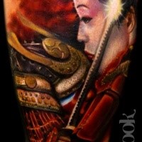 New school style colored arm tattoo of Samurai woman with sword