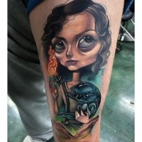 New school style colored arm tattoo of woman with small Alien