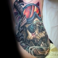 New school style colored arm tattoo of human skull with knife and mask