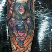 New school style colored arm tattoo of demonic dog and bones