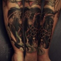 New school style colored arm tattoo of black horse head