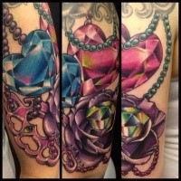 New school style colored arm tattoo of diamonds with rose
