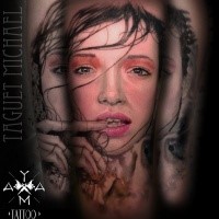 New school style colored arm tattoo of seductive woman face