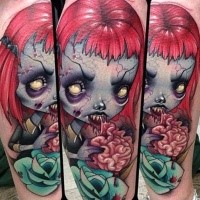New school style colored arm tattoo of zombie doll with rose and brains