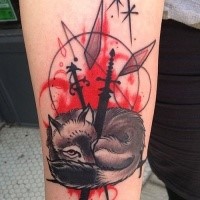New school style colored arm tattoo of funny fix with swords and stars