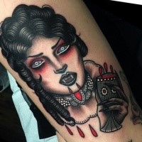 New school style colored arm tattoo of bloody woman vampire