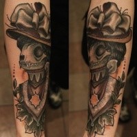 New school style colored arm tattoo of cat skeleton with woman dress and hat