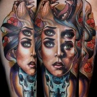 New school style colored arm tattoo of creepy woman with flowers and lion face