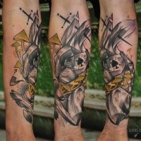 New school style colored arm tattoo of rabbit with heart and sword