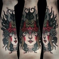 New school style colored arm tattoo of woman face with demonic helmet