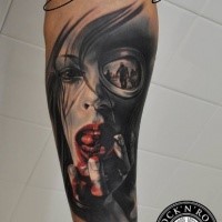 New school style colored arm tattoo of creepy woman with gas mask