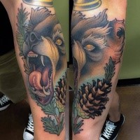 New school style colored arm tattoo of roaring bear with cone