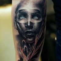 New school style colored arm tattoo of woman with black mask