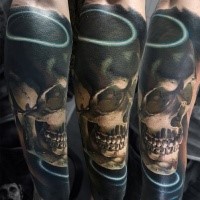 New school style colored arm tattoo of human skull