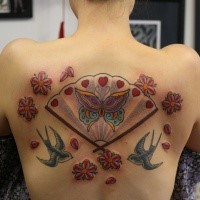 New school style colored back tattoo fo Asian fan with flowers and birds