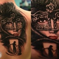 New school style colored back tattoo of woman with mask