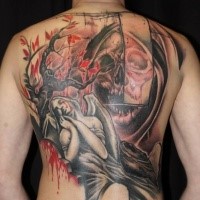 New school style colored back tattoo of stone angel with skeleton and blooming tree