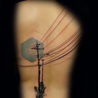 New school style colored back tattoo of city lines with trees