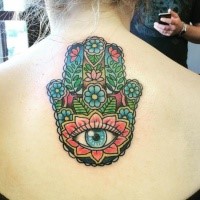 New school style colored back tattoo of Hamsa symbol stylized with flowers