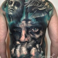 New school style colored back tattoo of creepy portraits with cross