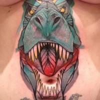 New school style colored belly tattoo of dinosaur head