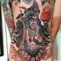 New school style colored belly tattoo of evil Hinduism Goddess