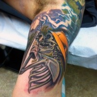 New school style colored biceps tattoo of lineman skeleton