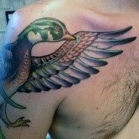 New school style colored bird tattoo on shoulder