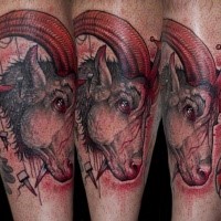 New school style colored bloody goat with sword tattoo